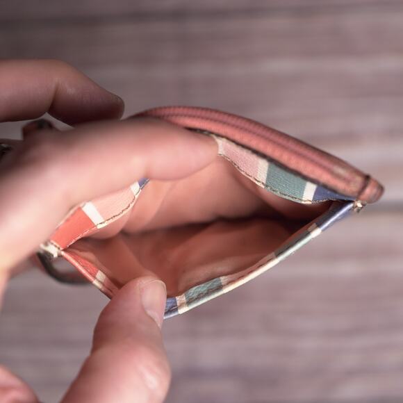 Coach Pastel Rainbow Wristlet Wallet w/ Key Chain Coral Leather Strap & Lining - Picture 3 of 10